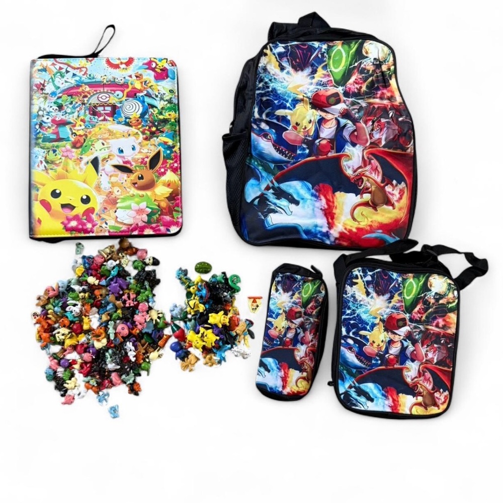 Pokémon bundle- backpack/lunchbox/pouch- binder w/ sleeves 36+ 144 figures NWT